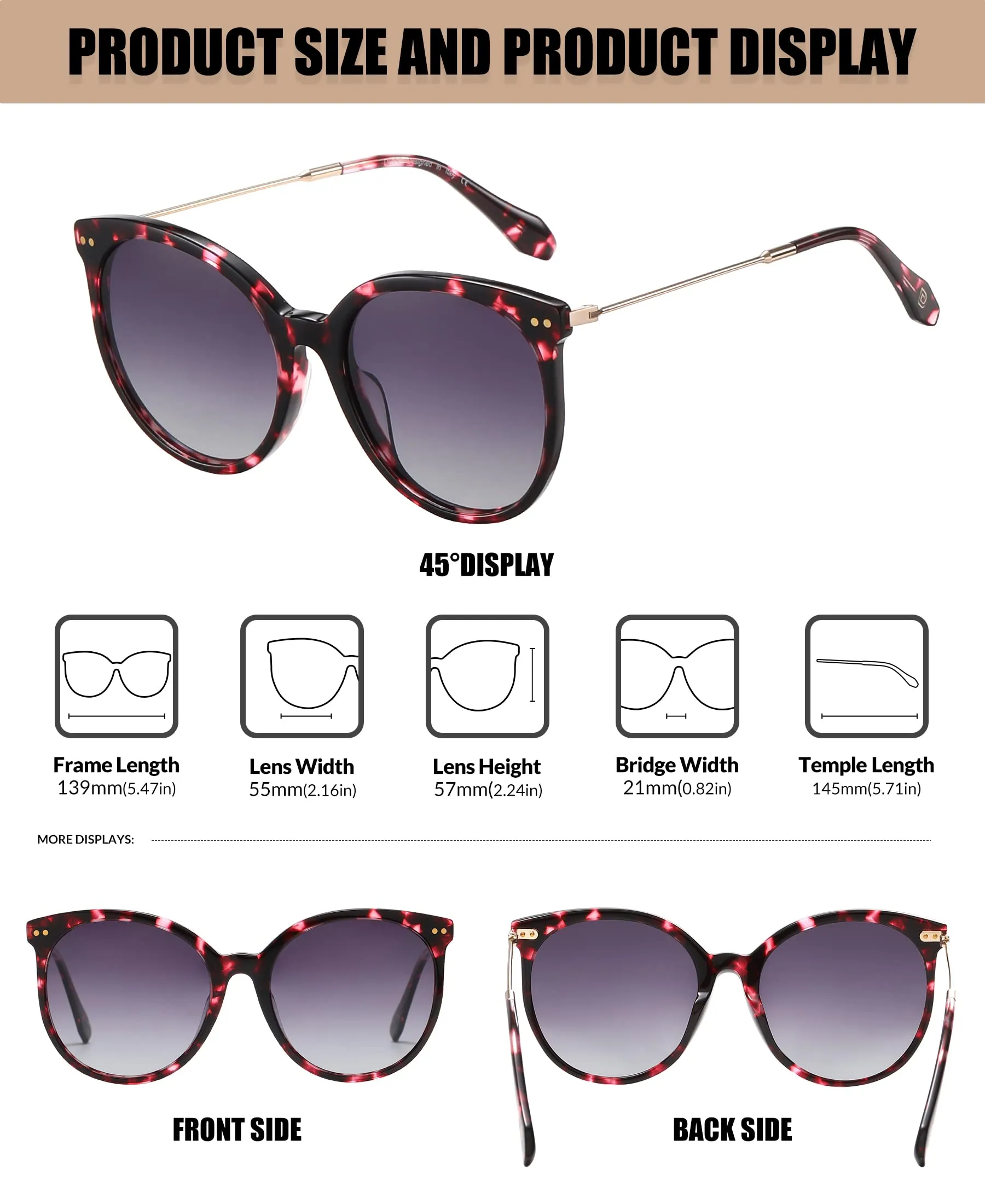 DUCO Classic Round Polarized Sunglasses Womens Vintage Acetate Shade DC2340