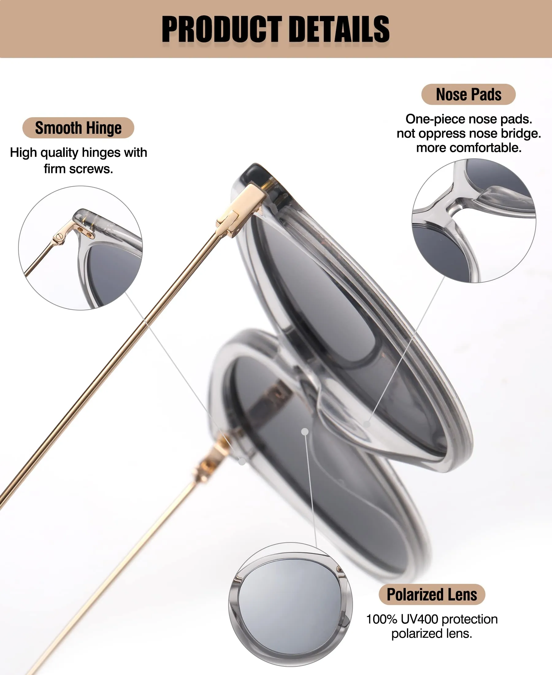 DUCO Classic Round Polarized Sunglasses Womens Vintage Acetate Shade DC2340