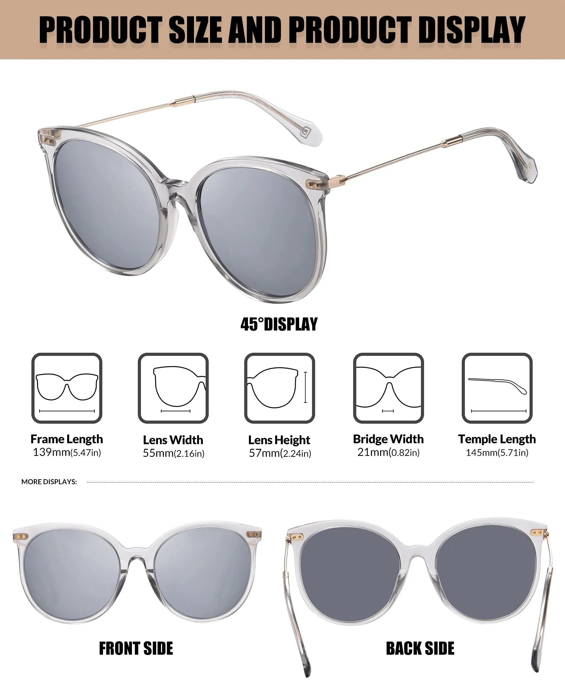 DUCO Classic Round Polarized Sunglasses Womens Vintage Acetate Shade DC2340
