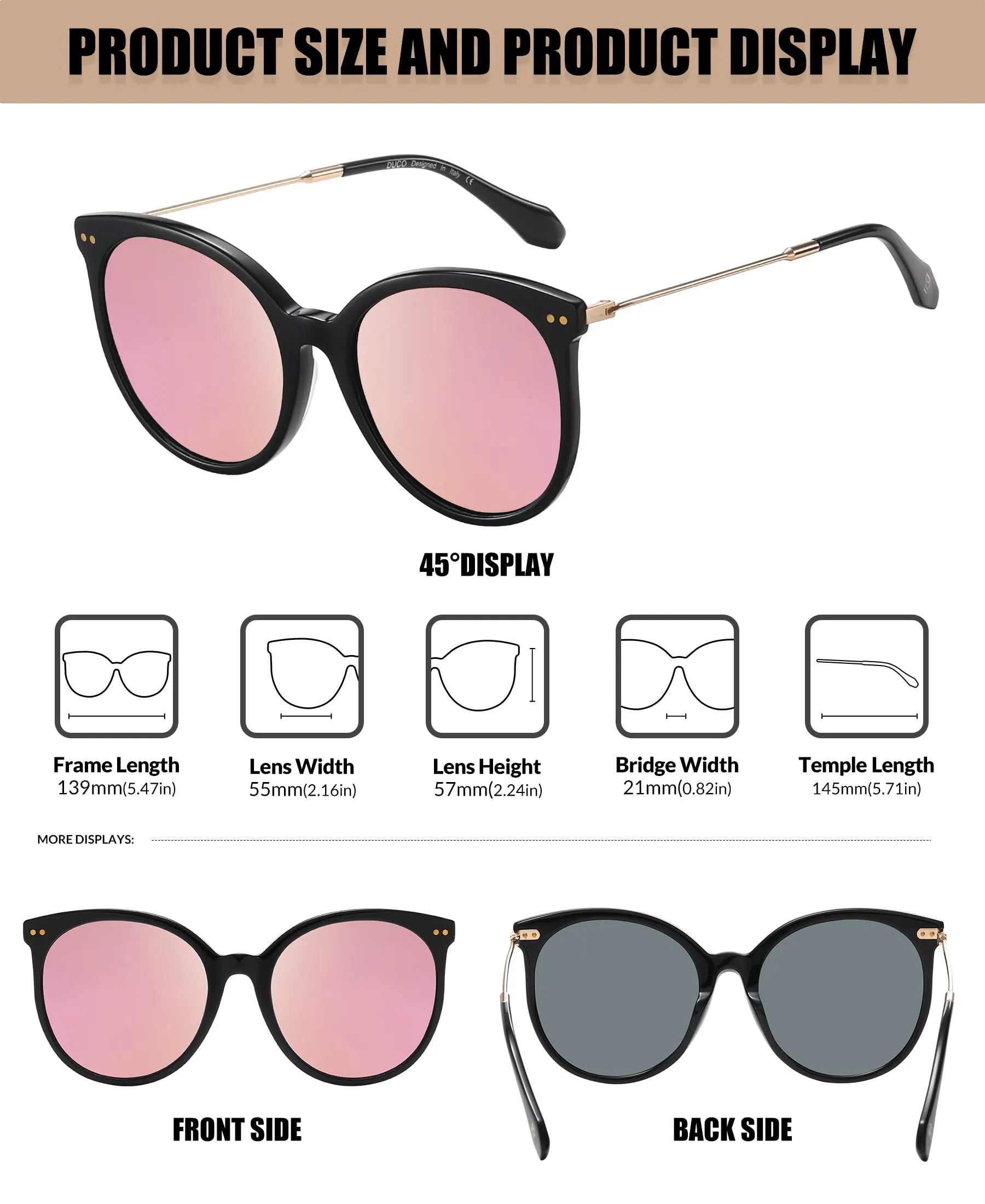 DUCO Classic Round Polarized Sunglasses Womens Vintage Acetate Shade DC2340