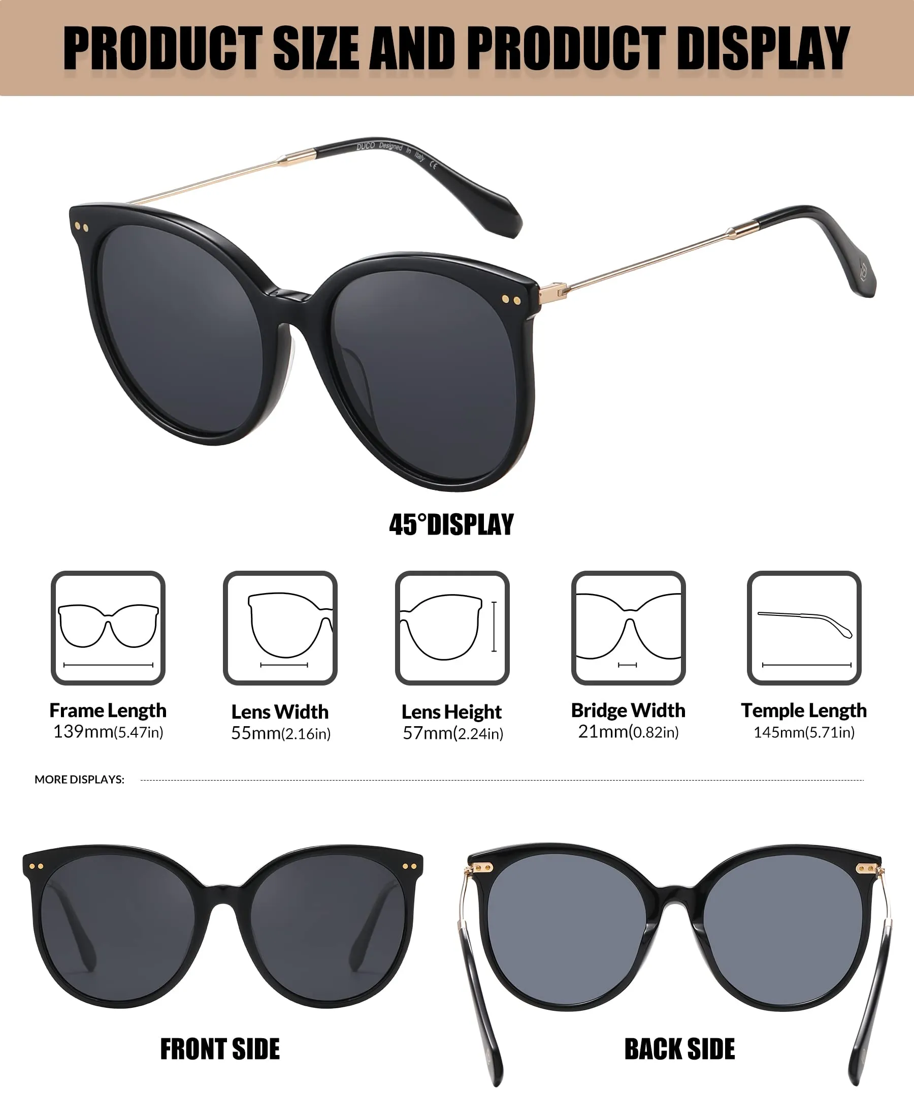 DUCO Classic Round Polarized Sunglasses Womens Vintage Acetate Shade DC2340
