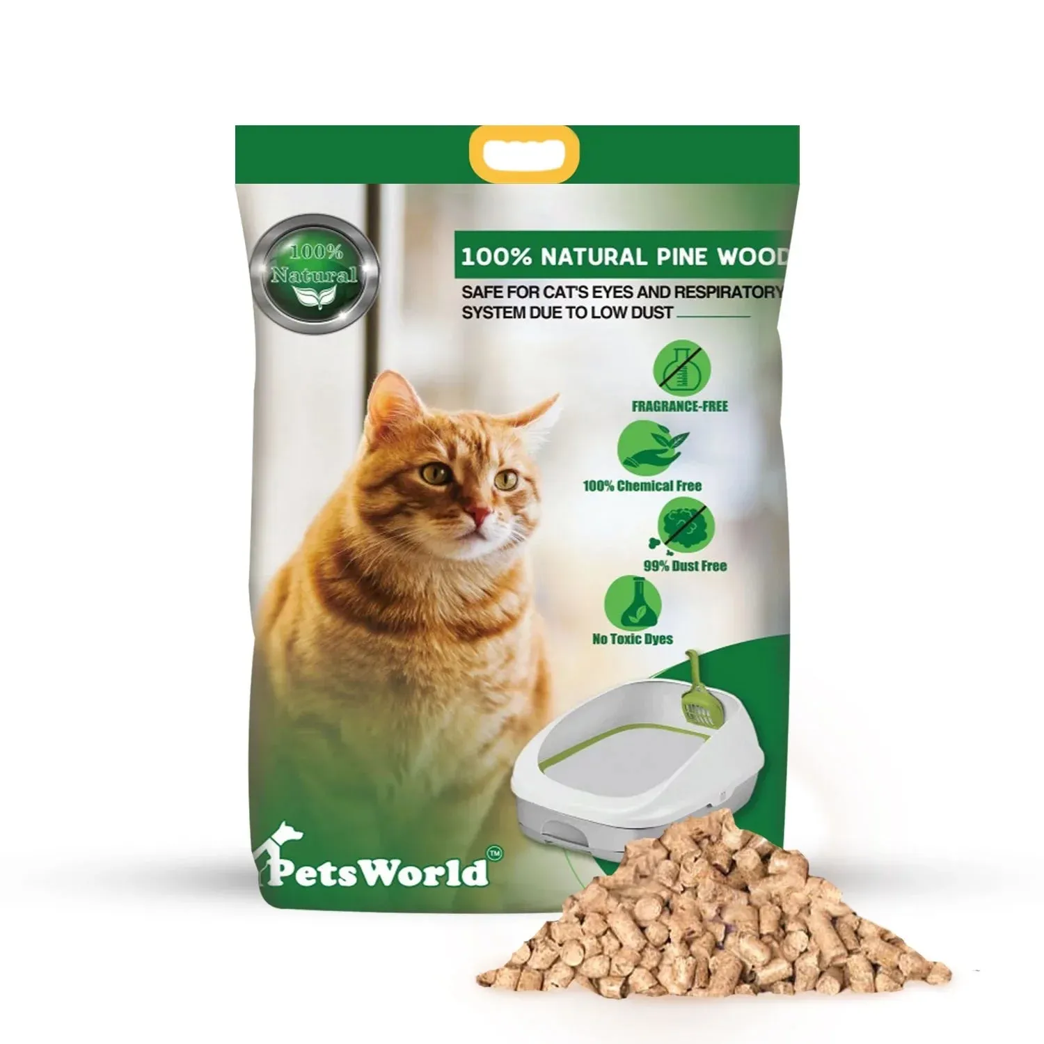 PetsWorld Natural Pine Cat Litter: Non-clumping, low dust, odor control, suitable for sifting boxes